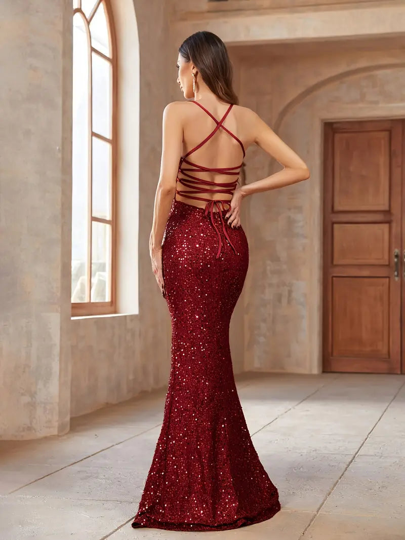 Burgundy Sequin Gown with Lace-Up Back