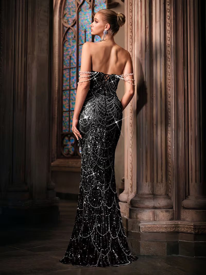 Beaded Bodycon Gown with Mermaid Tail in Black Sequin
