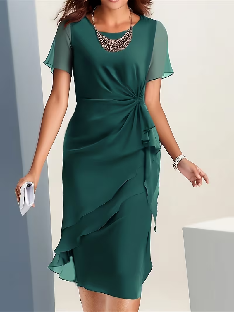 Chiffon Midi Length Dress in Forest Green