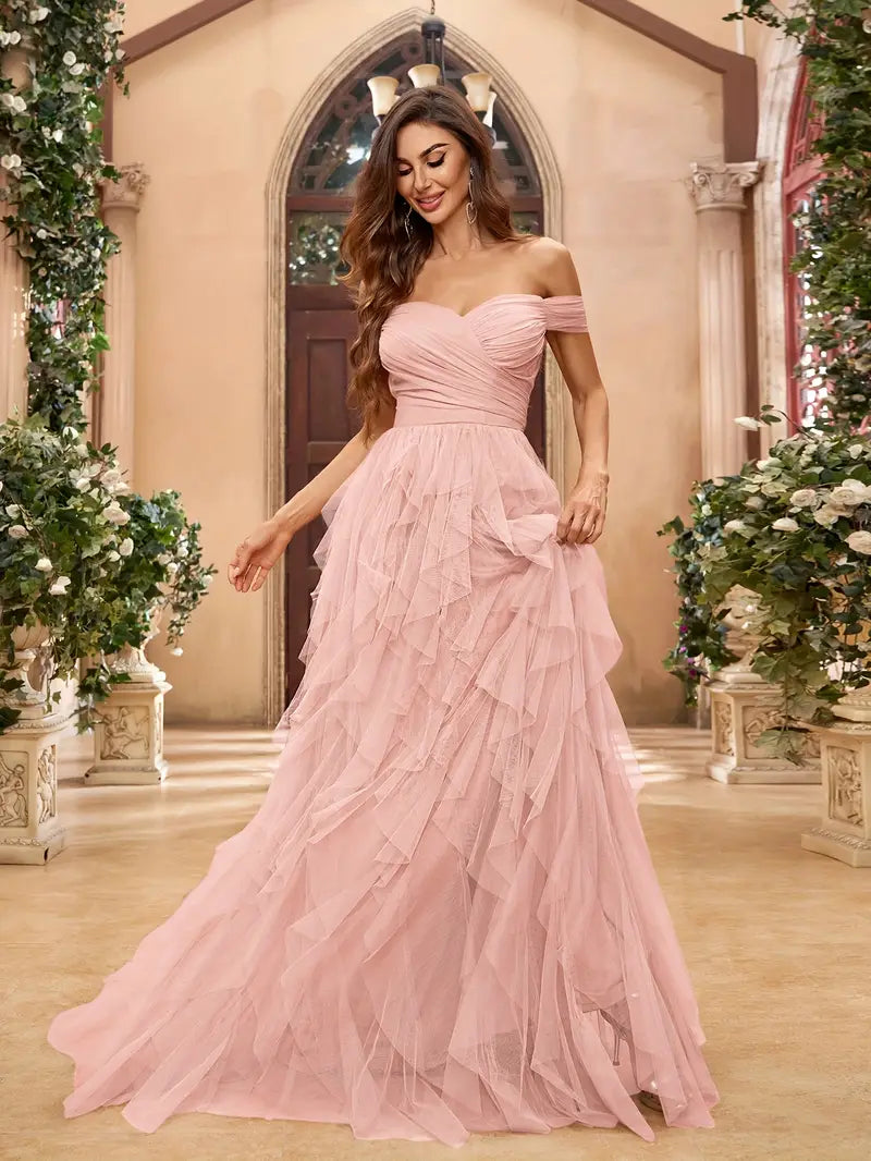 Off The Shoulder Ruffled Tulle Dress in Nude Pink