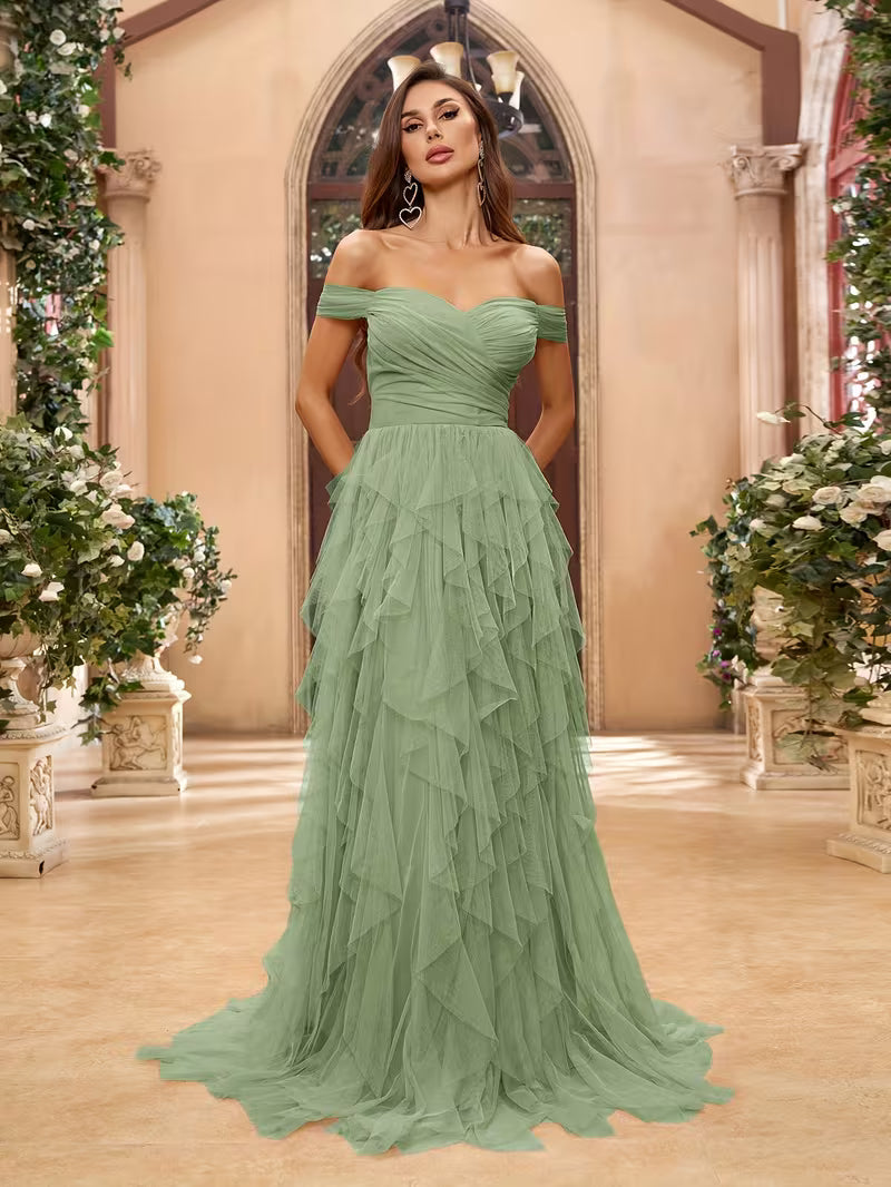 Off the Shoulder Ruffled Tulle Dress in Soft Green