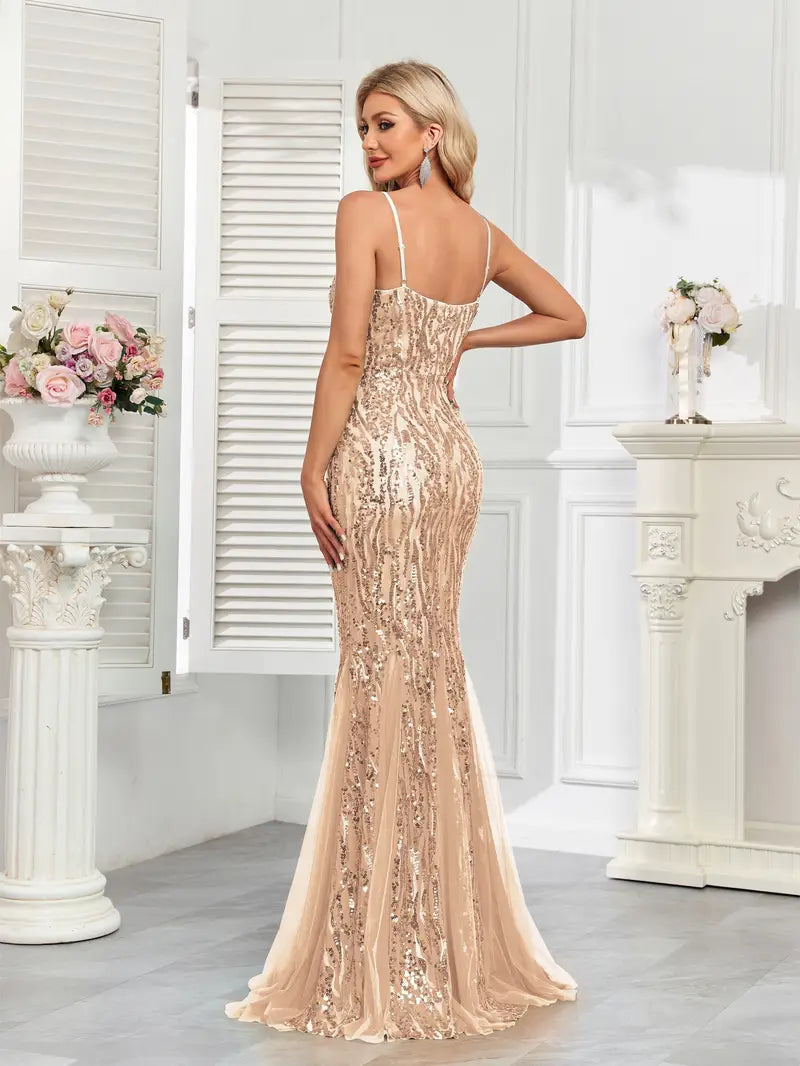 Stunning Sequin Mesh Gown in Champagne