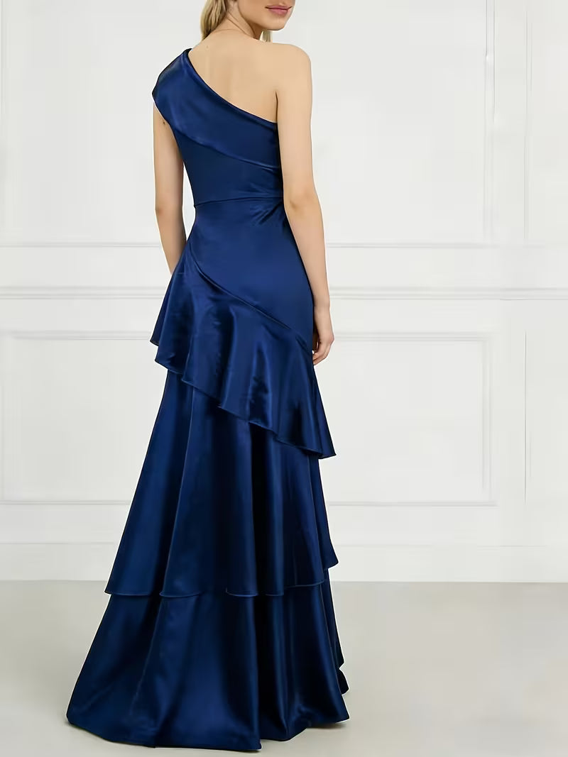 Elegant Navy one Shoulder Satin Multi-Tiered Maxi Dress