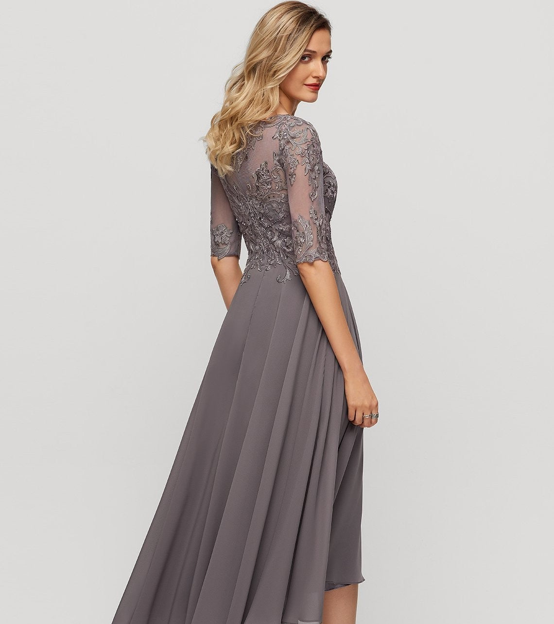 A-line Illusion Boat Neck Asymmetrical Chiffon Lace Mother of the Bride Dress With Sequin Beading
