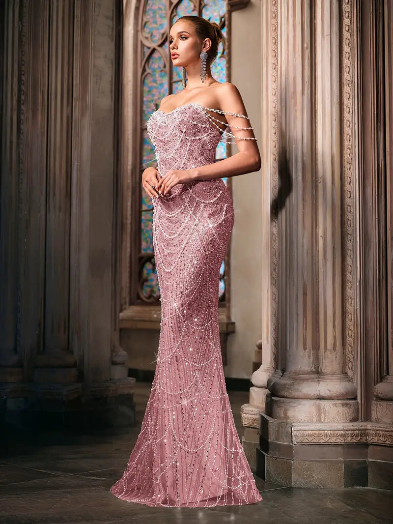 Beaded Bodycon Gown with Mermaid Tail in Dusty Pink