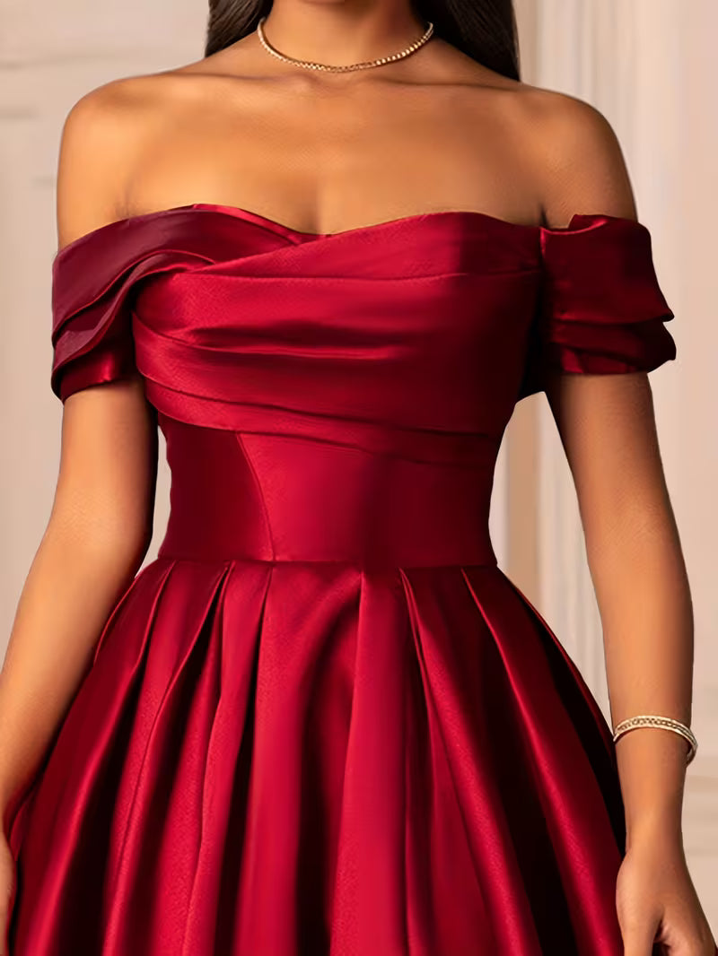 Red Off the Shoulder Gown in Solid Satin