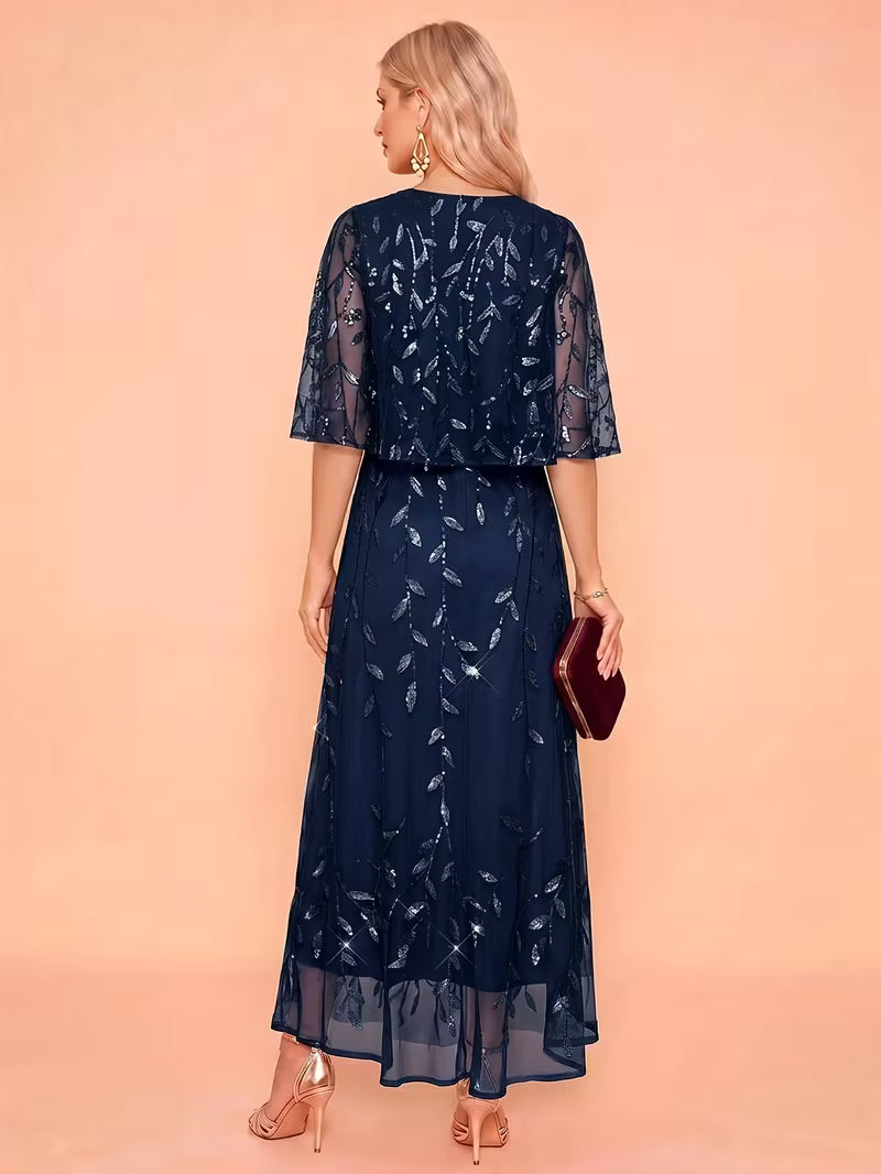 Embroidered Leaf Sequin Print Maxi Dress in Chiffon Mesh