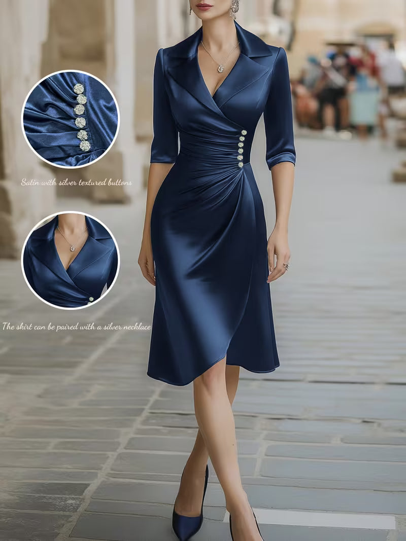 Satin Suit Collar Mid Length Dress in Navy