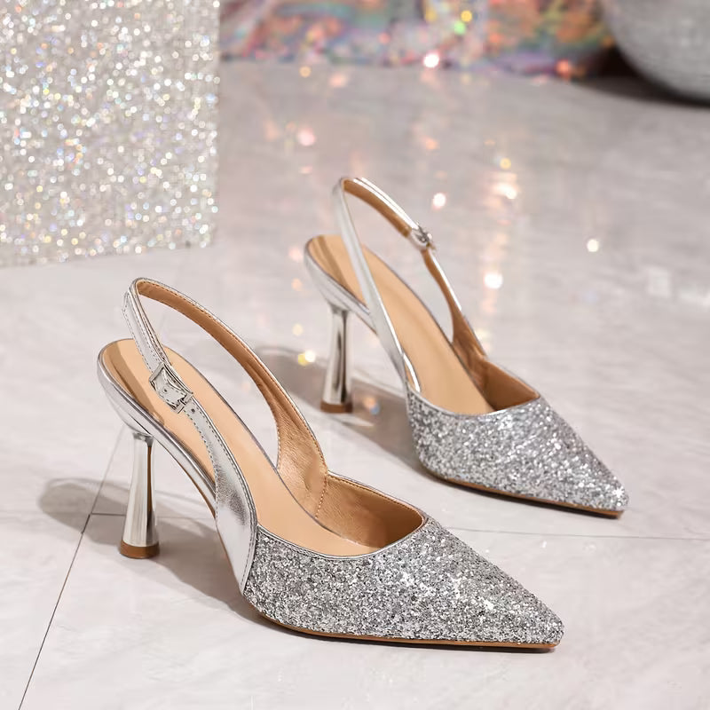 Women's Sequined High Heel Shoe in Silver