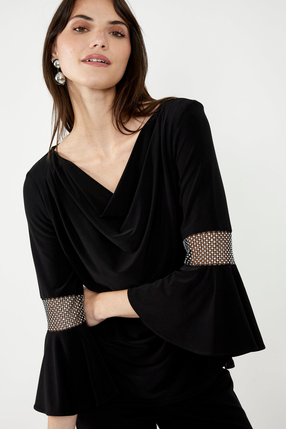 Black V-Neck Cowl Neck Top with Bell Sleeves 249025