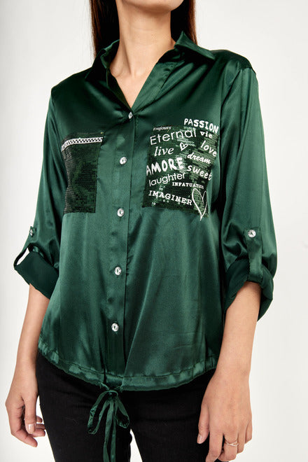 Emerald Green Satin Shirt 223409U - After Hours Boutique