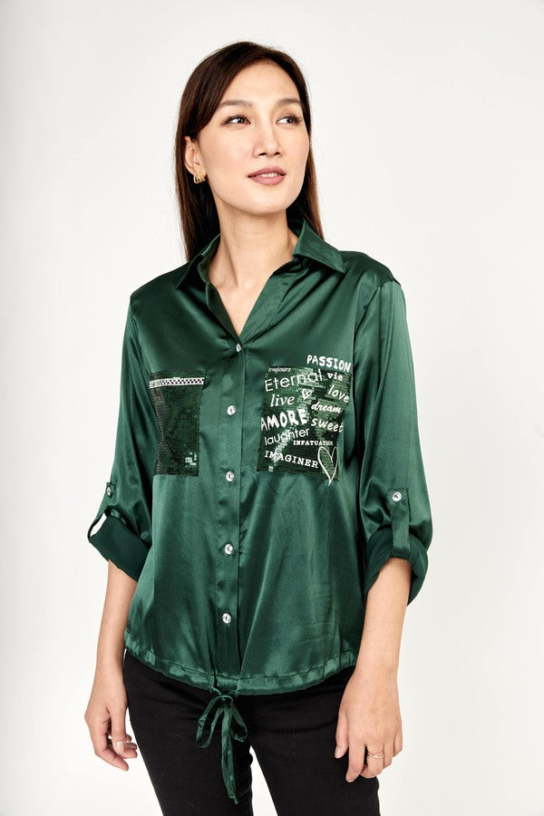 Emerald Green Satin Shirt 223409U - After Hours Boutique