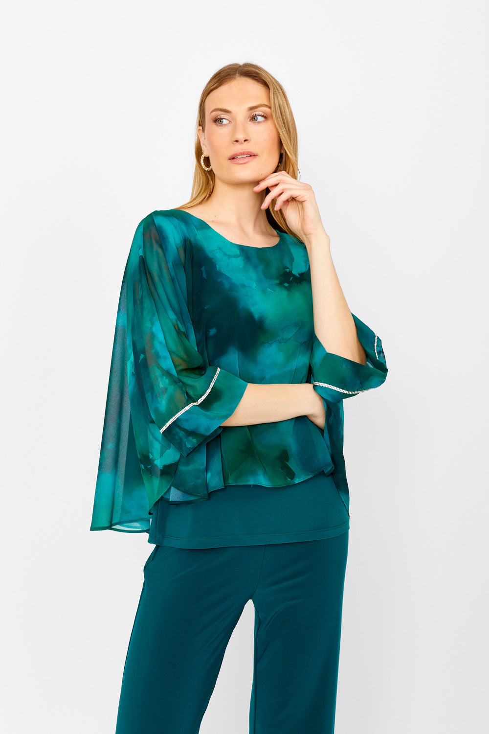 Elegant Cape Chiffon Top in Teal Print 249207