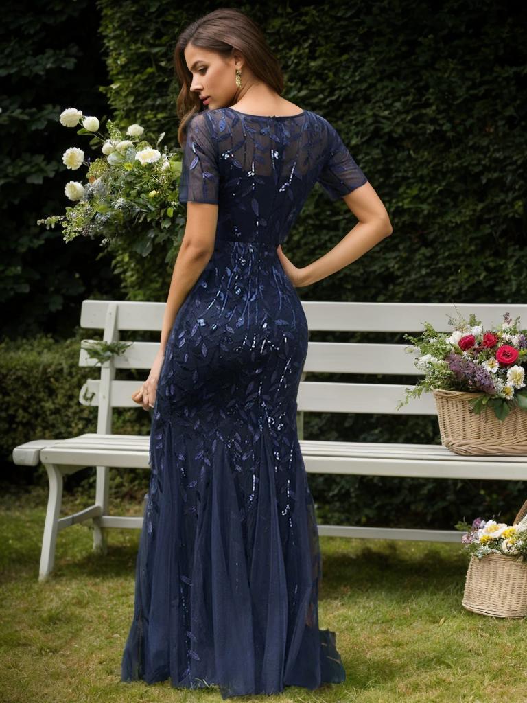 Sequin Fishtail Tulle Gown in Navy