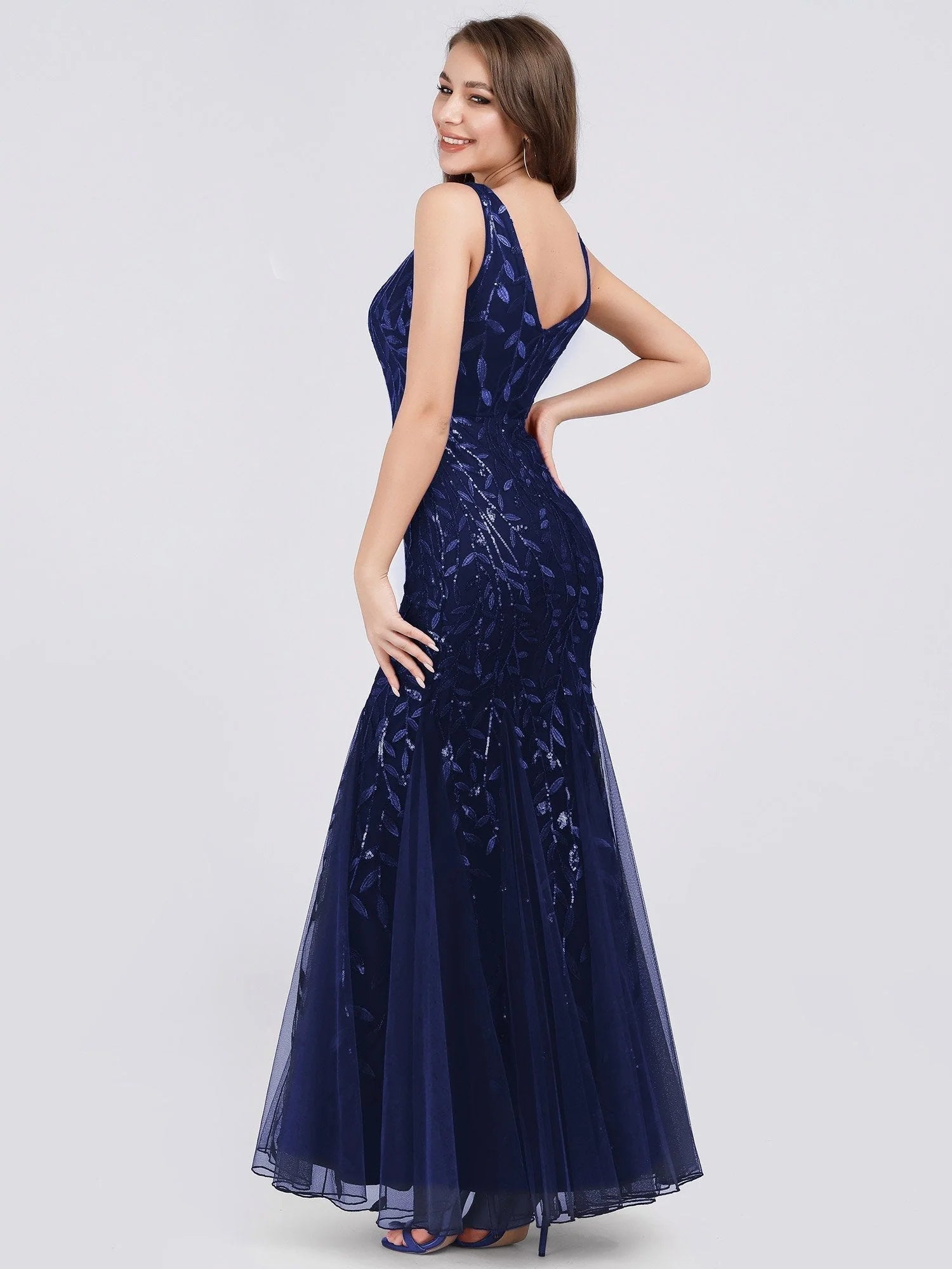Navy Sequin Fishtail Gown
