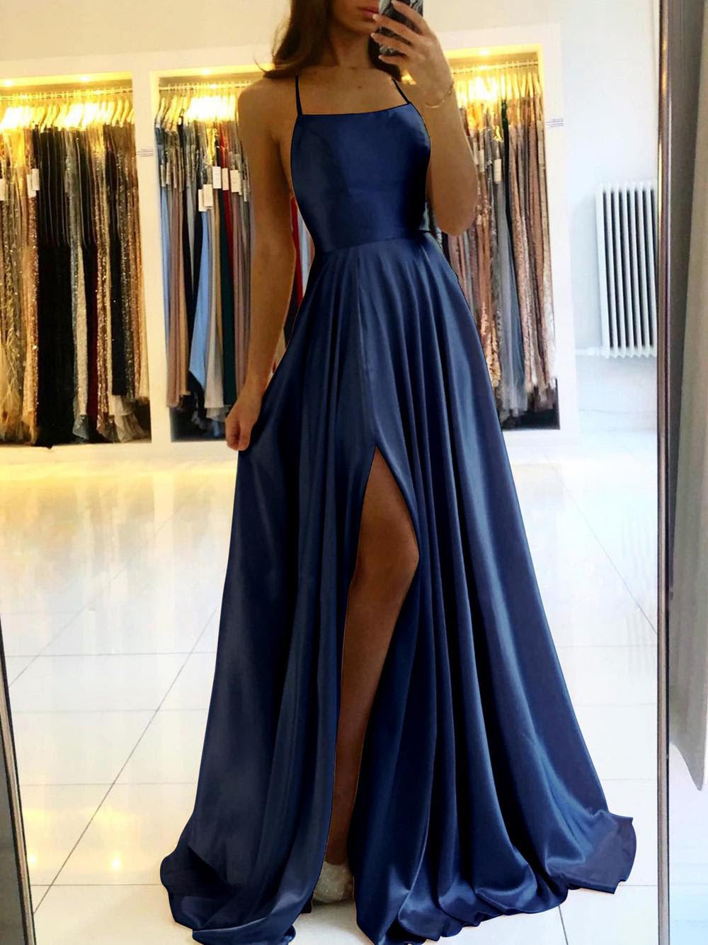 Satin Gown Spaghetti Straps With Cross Back in Navy