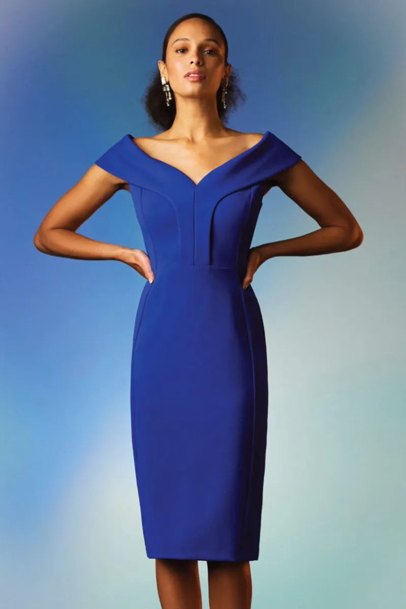Off-The-Shoulder Suba Crepe Sheath Dress in Royal Sapphire 231756 - After Hours Boutique