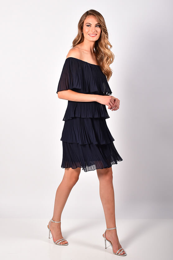 Navy Pleated Off The Shoulder Dress 218157 - After Hours Boutique