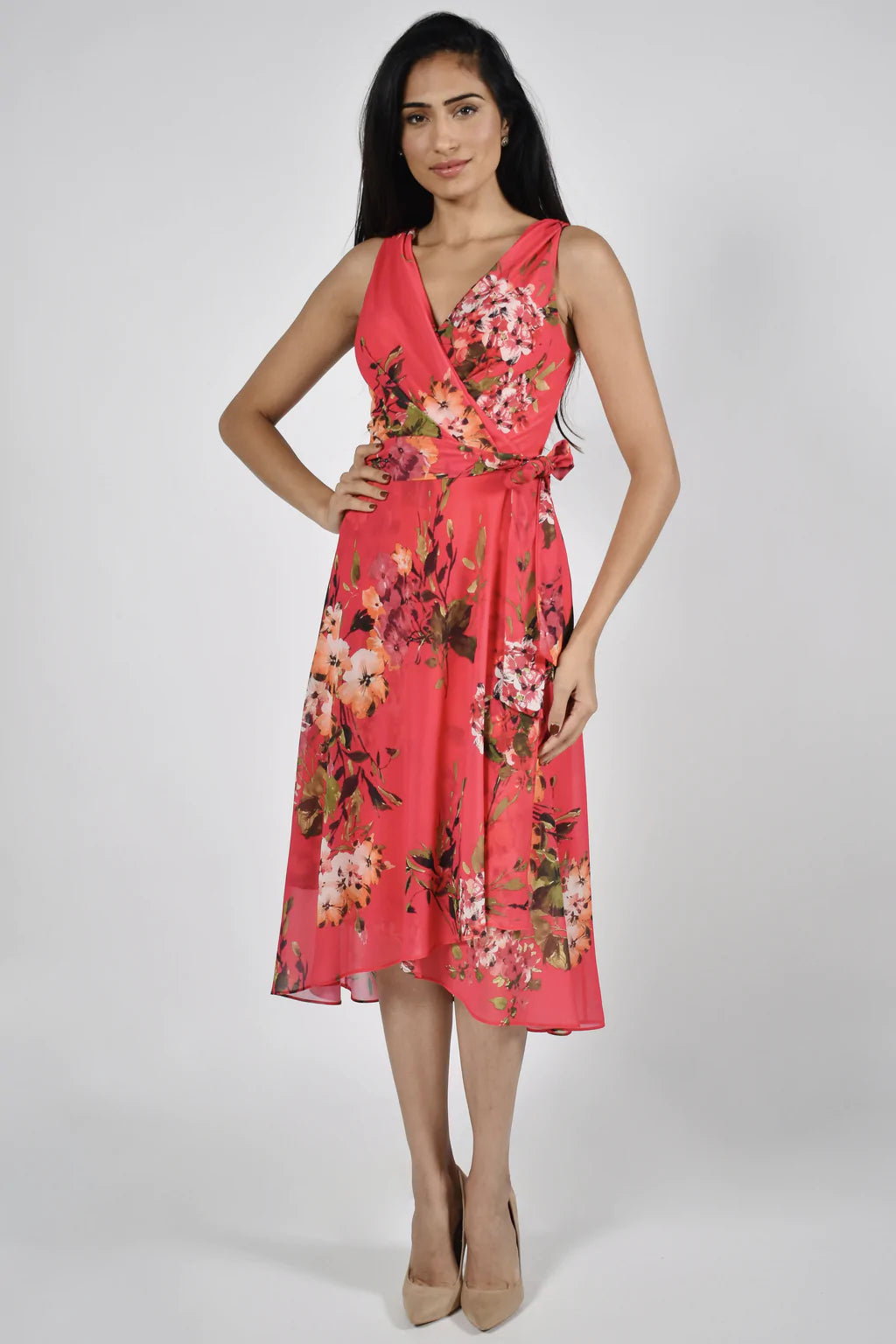 Red & Green Print Georgette Dress 221579 - After Hours Boutique