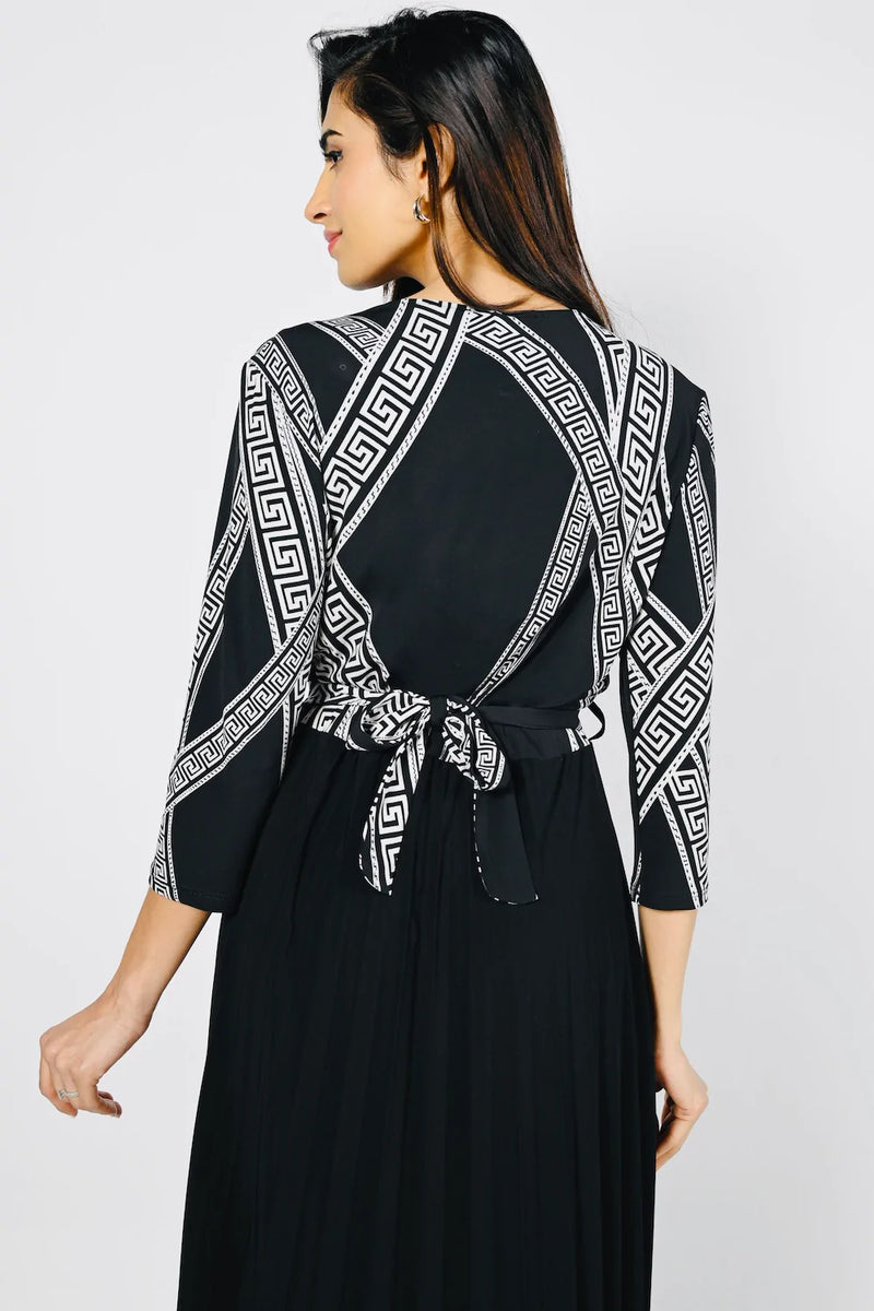 Beige/Black Geometric Print Crossover Dress 223011 - After Hours Boutique