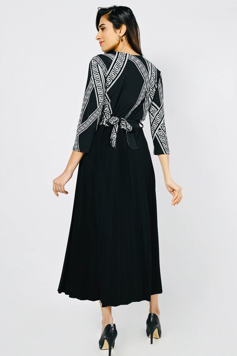 Beige/Black Geometric Print Crossover Dress 223011 - After Hours Boutique