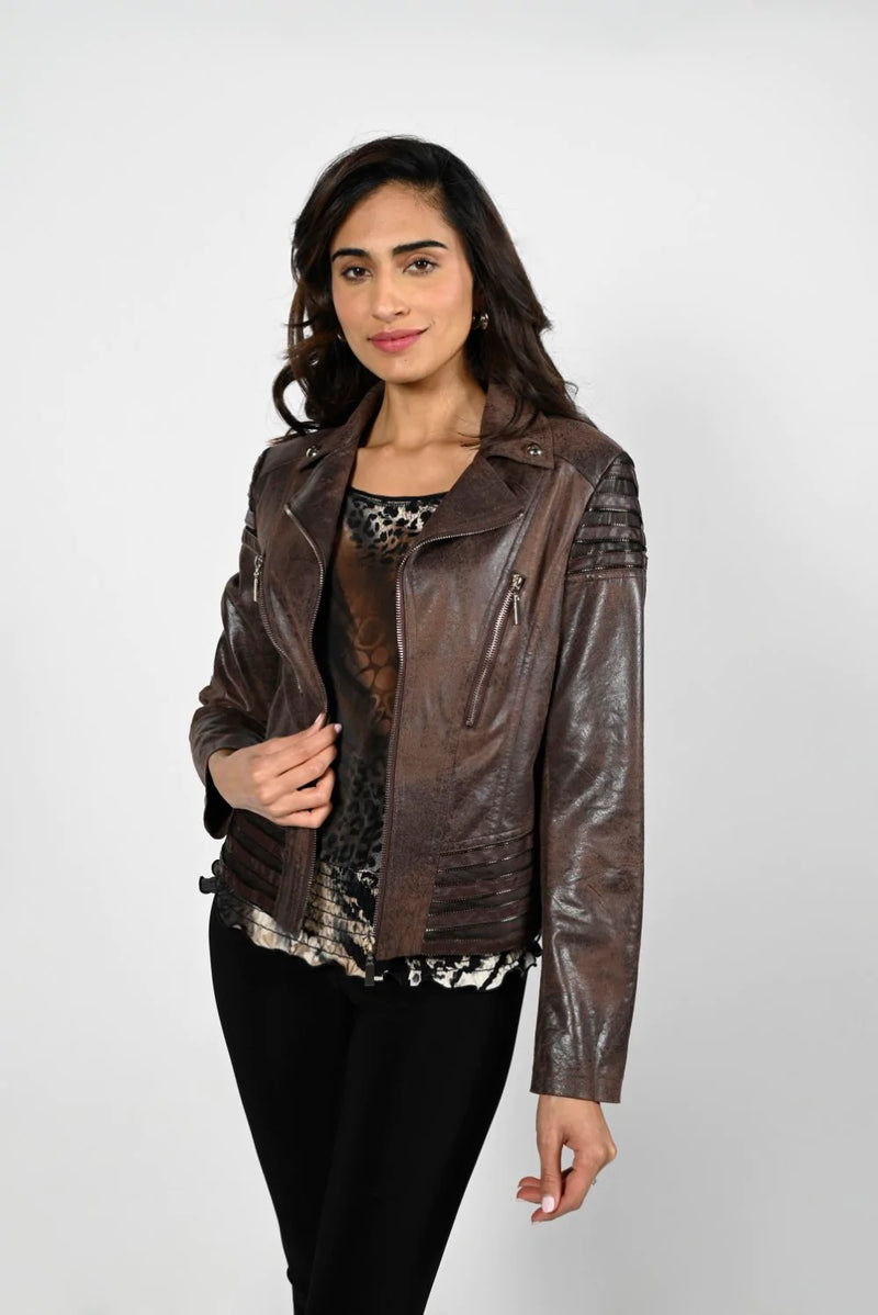 Chocolate Brown Faux Leather Jacket 223405U