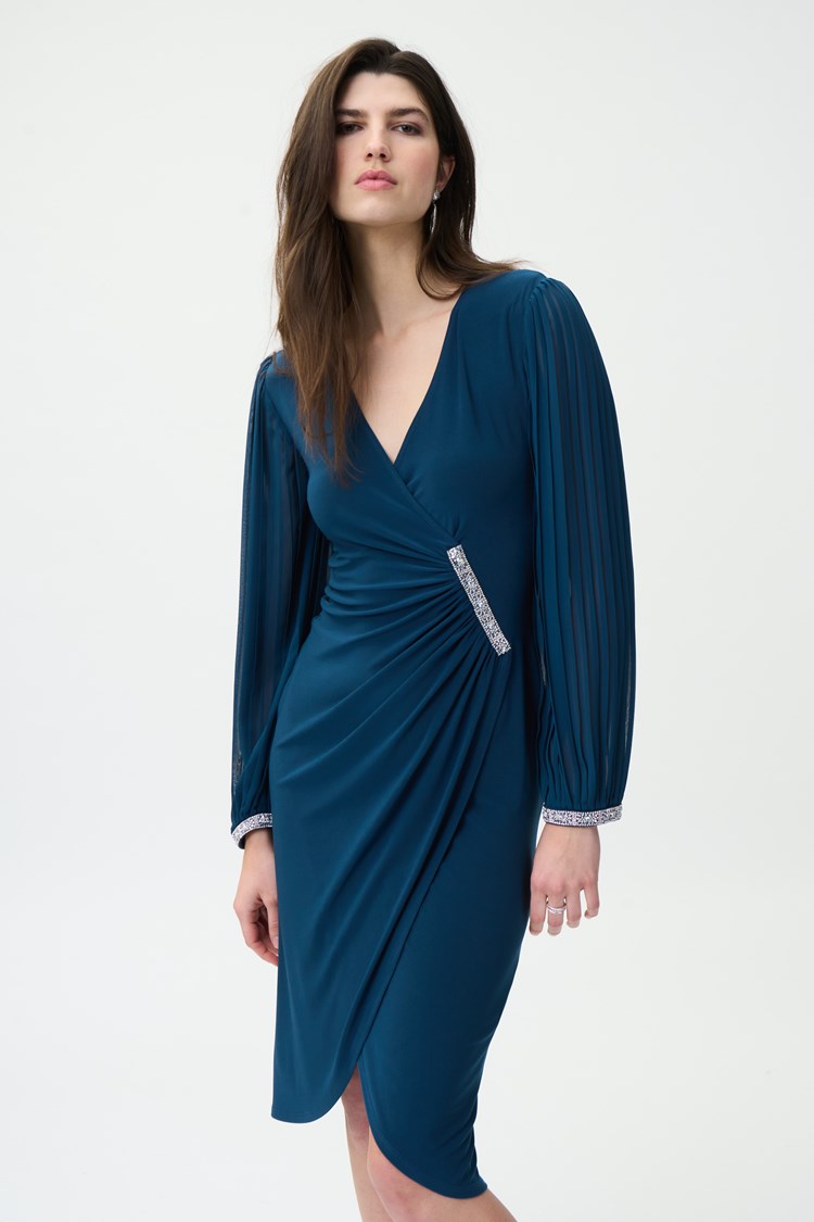 Silky Knit Wrap Dress With Pleated Puff Sleeves 224046