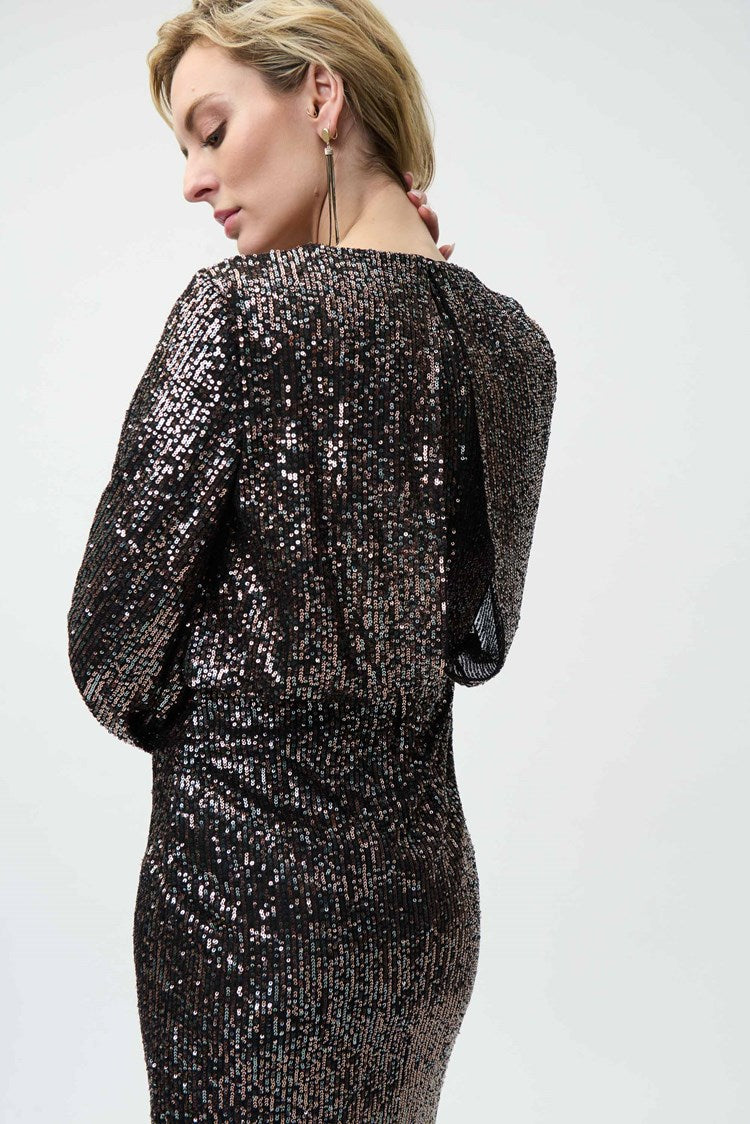Mesh Sequined Dress With Puffed Sleeves 224057