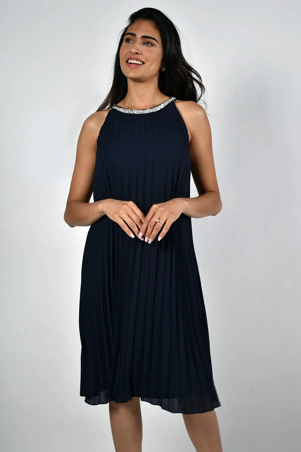 Midnight Blue Sunray Pleated Dress 228181 - After Hours Boutique