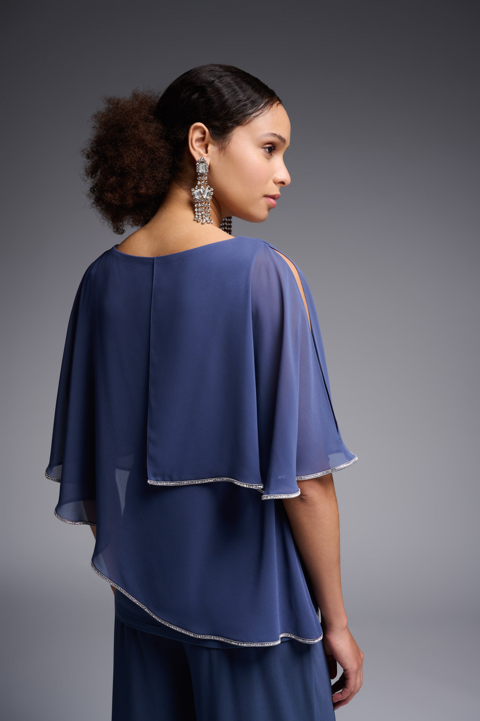 Chiffon Poncho Style V-Neck Top in Mineral Blue 231720