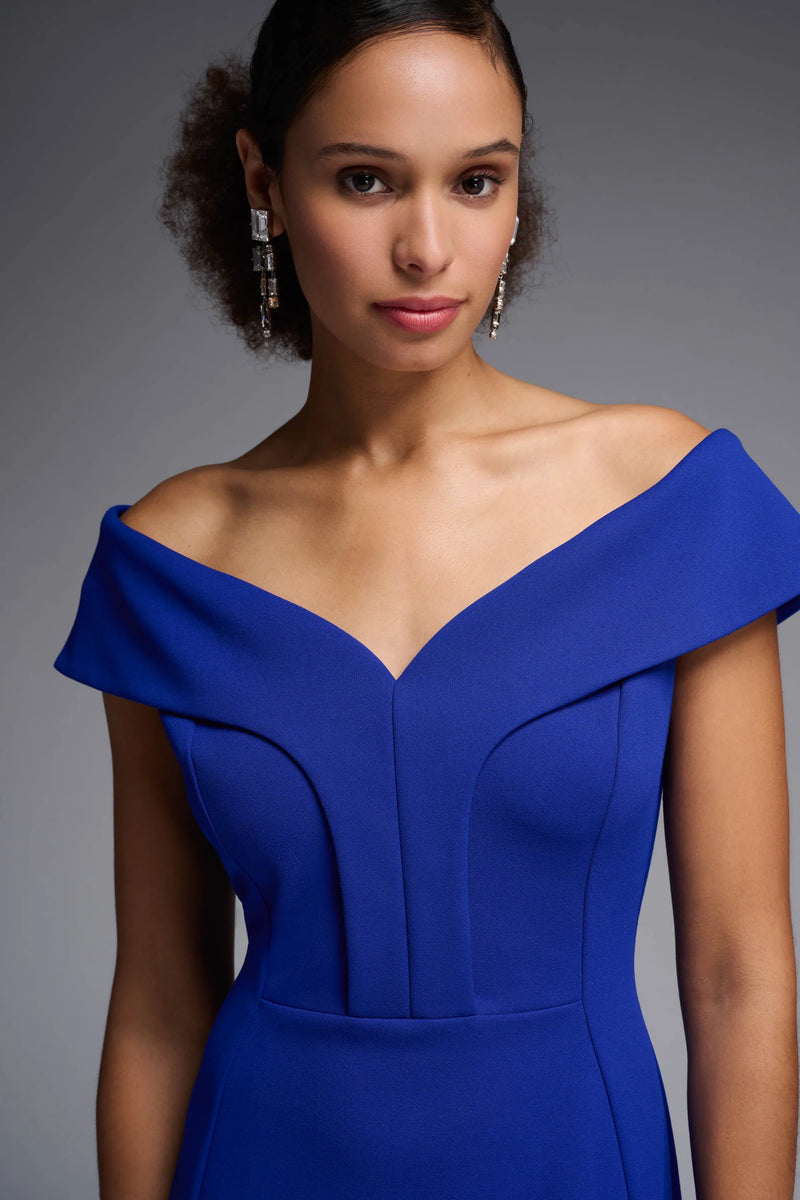 Off-The-Shoulder Suba Crepe Sheath Dress in Royal Sapphire 231756