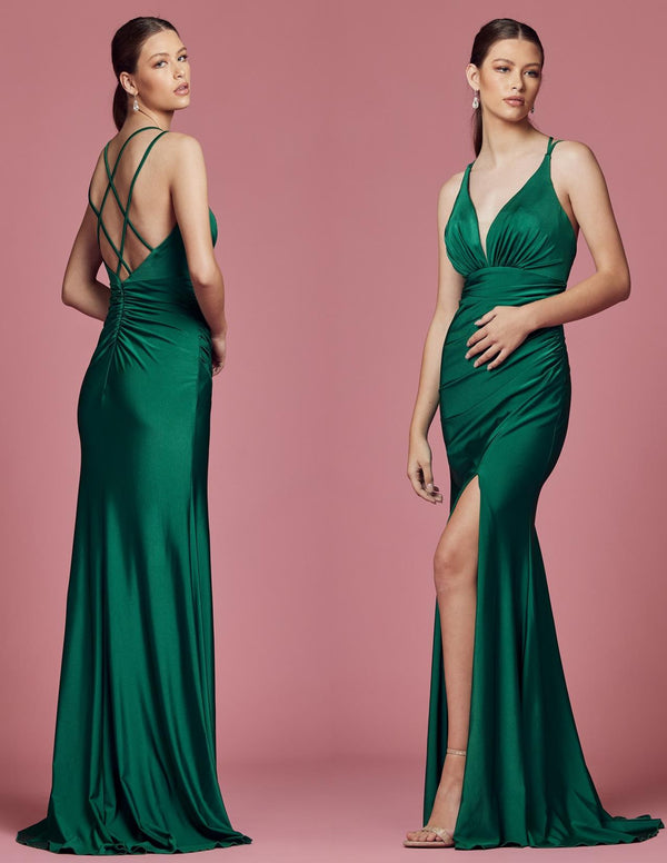 V- Neck Fitted Gown in Emerald A5301E