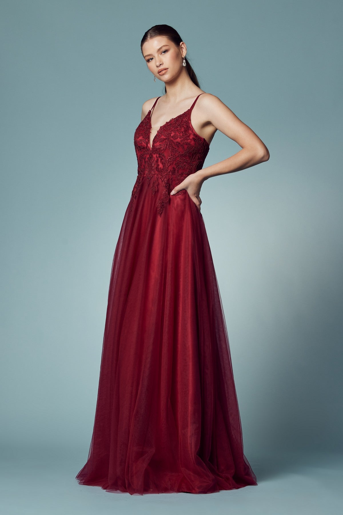 V- Neck Tulle Skirt Gown in Burgundy A753BU - After Hours Boutique