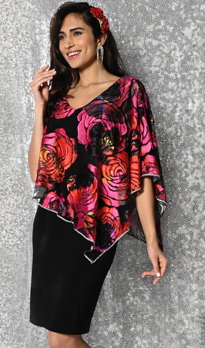 Black/Fuchsia Floral Print Velvet Dress 227171 - After Hours Boutique