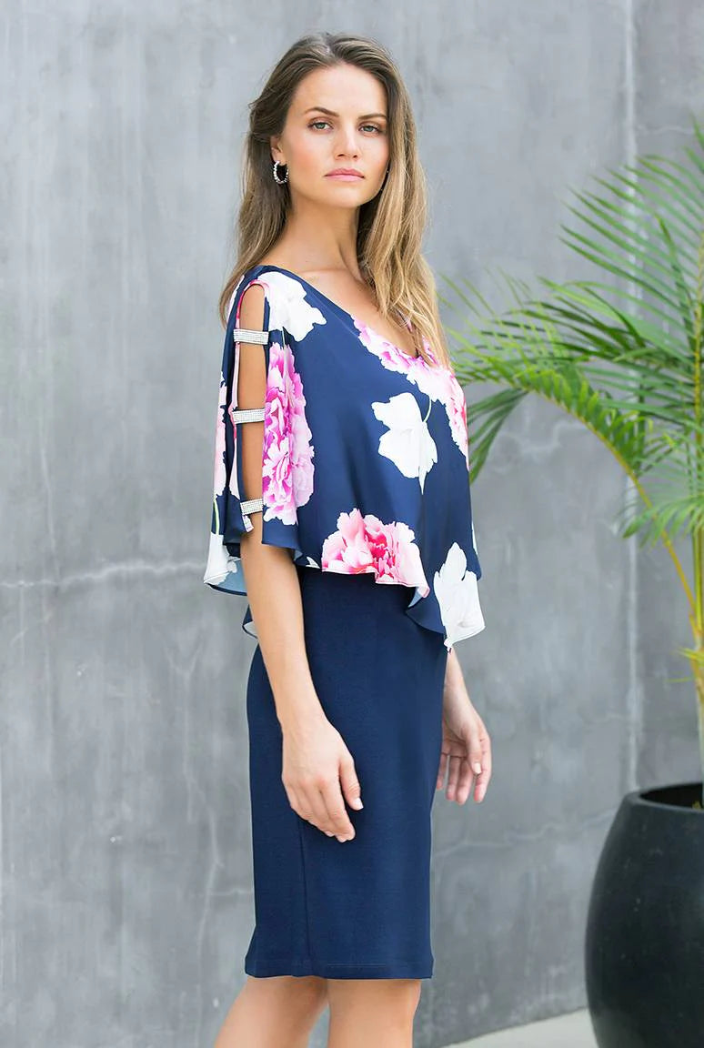 Navy/Pink Floral Print Chiffon Overlay Dress 222022 - After Hours Boutique