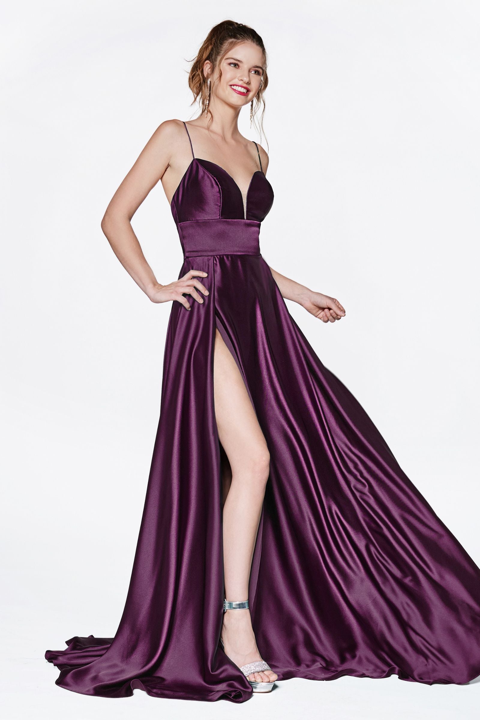 A-Line Satin Gown in Egg Plant T325EG - After Hours Boutique