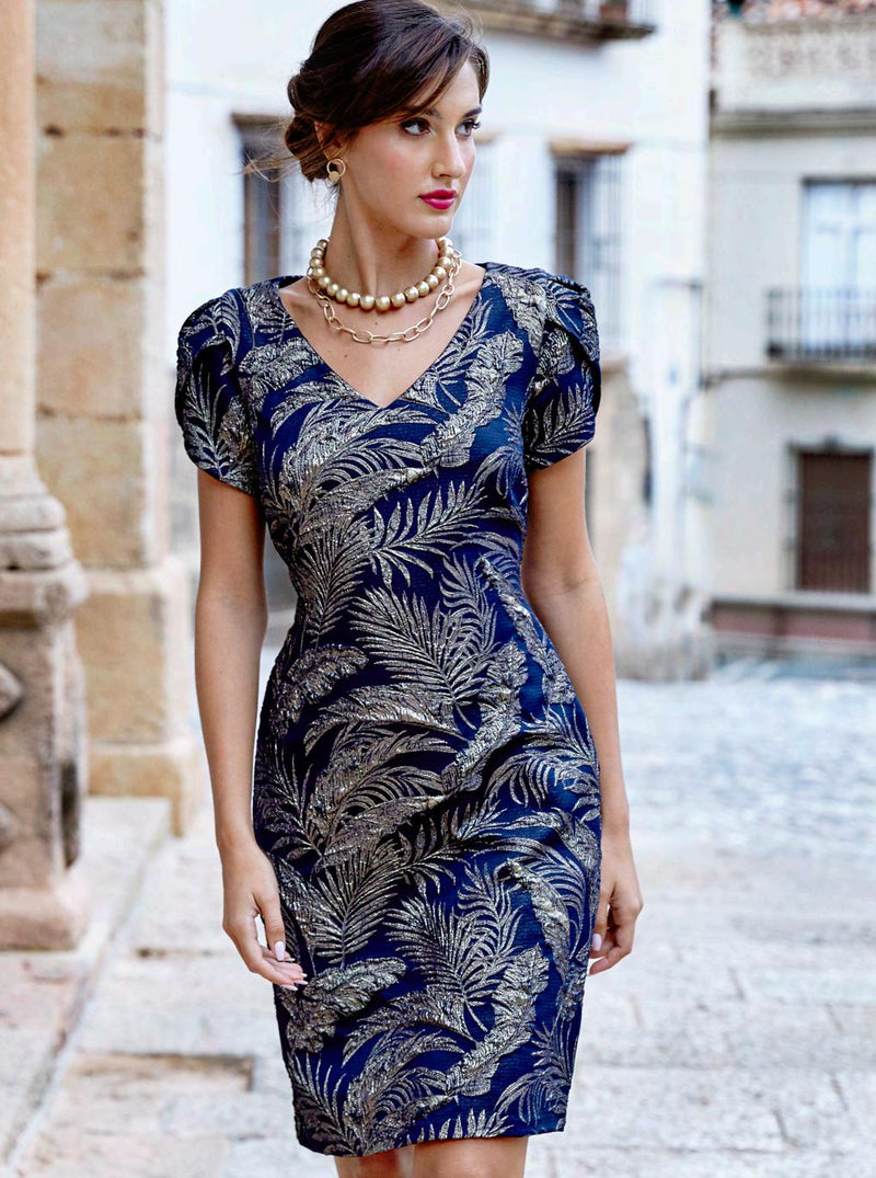 Jacquared Dress in Navy and Gold 238108
