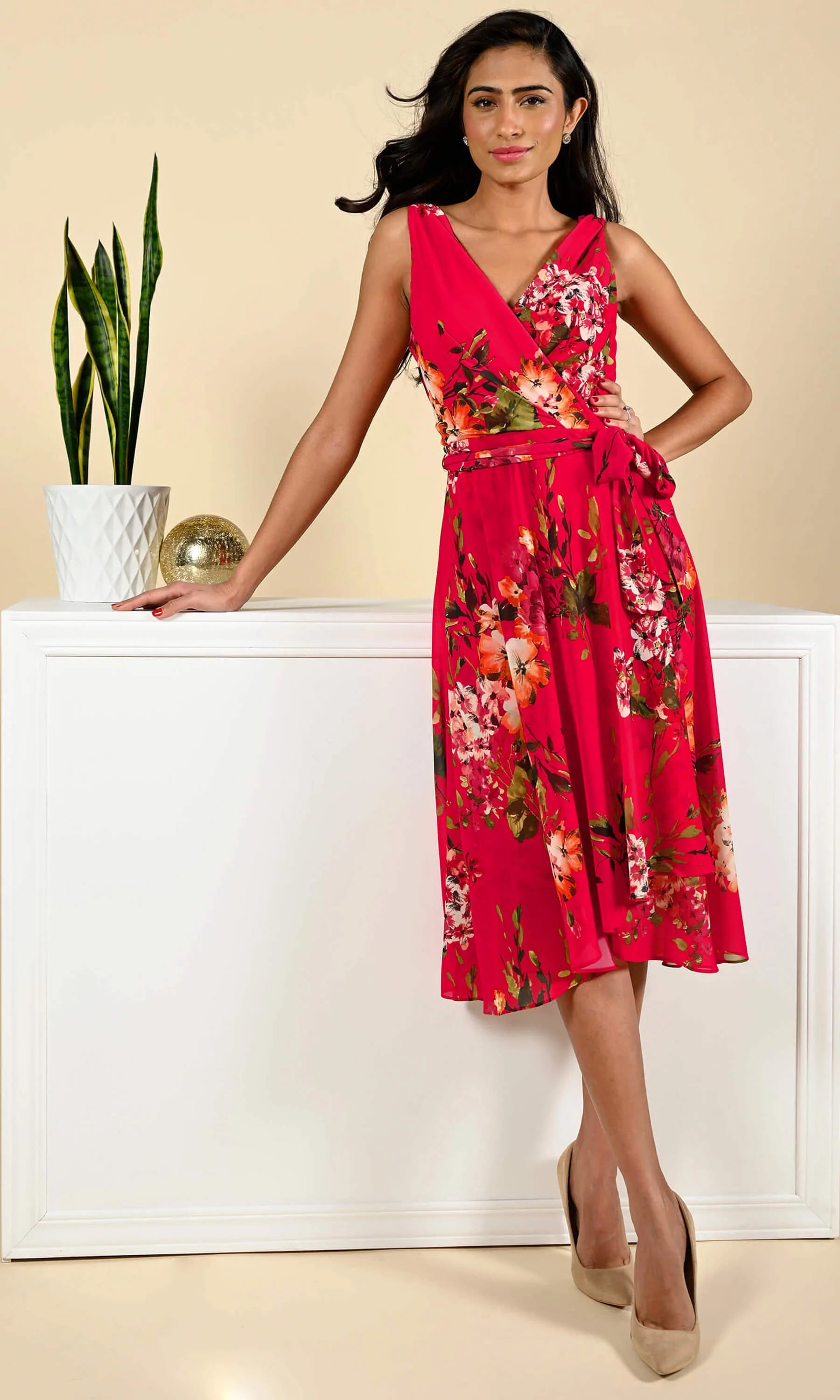 Red & Green Print Georgette Dress 221579 - After Hours Boutique